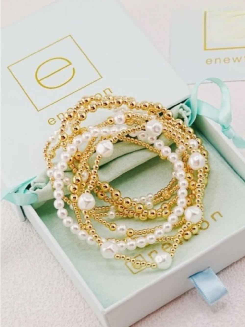 Gold and White Pearl Layered Bracelet Set